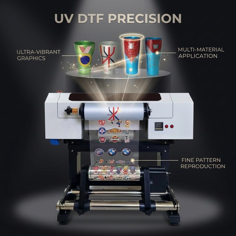 Máy in UV DTF 300mm Đầu in I3200U1 CMYK Trắng Varnish Đầu ra Sáng Đầy màu sắc